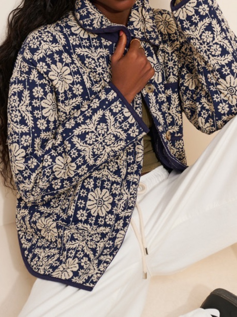 Free People Navy and Cream Floral Quilted Utility Jacket with Contrast Trim